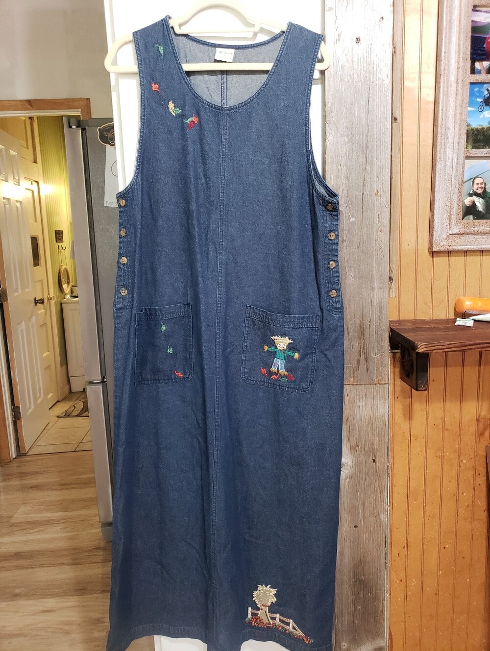 Westbound Vintage Denim Overall Dress Fall Embroidery Long Large Teacher